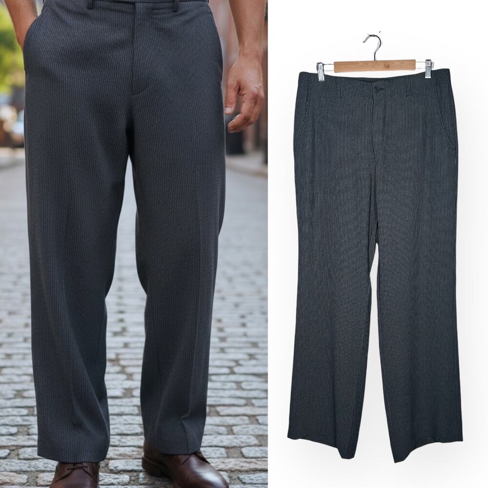 EMPORIO ARMANI Virgin Wool Blend Pinstripe Dress Pants Navy Blue Straight Fit 34